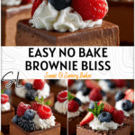 No bake chocolate mousse brownies topped with whipped cream and berries, ideal GF chocolate and party dessert.